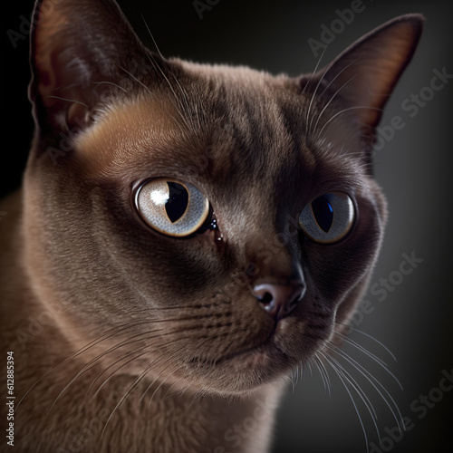 Studio shot with cute burmese cat portrait with the curiosity and innocent look as concept of modern happy domestic pet in ravishing hyper realistic detail by Generative AI.