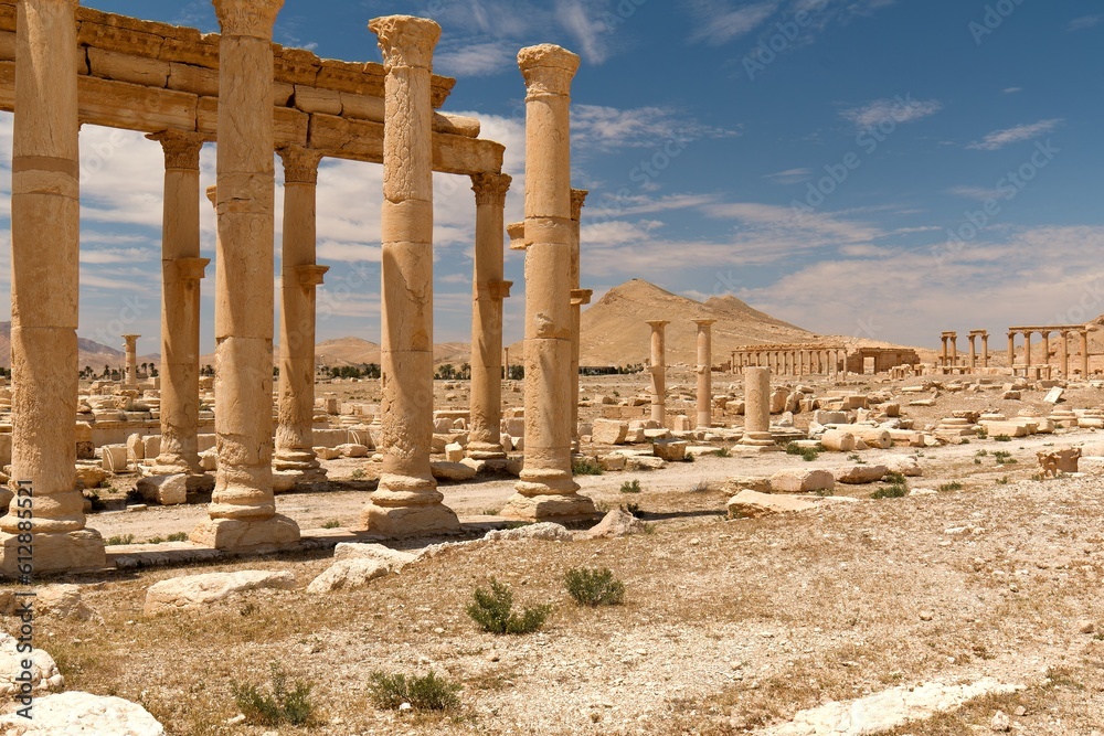 Fototapeta premium View of the ruins of the ancient Palmyra city built in the 1st to 2nd century. UNESCO World Heritage. Syria.
