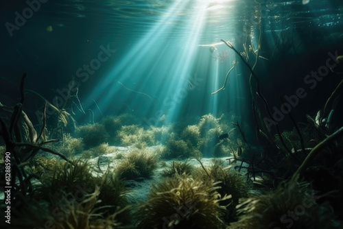 sea underwater landscape, sun rays. Copyspace. Generative AI