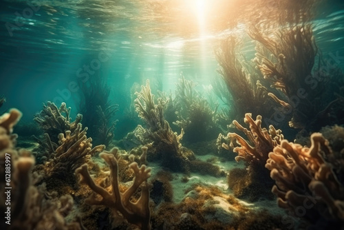 sea underwater landscape  sun rays. Copyspace. Generative AI