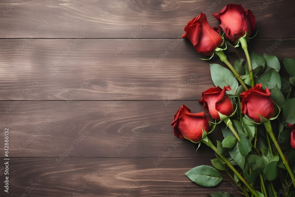 Red beautiful roses lie on the table, a background on which you can insert the desired text