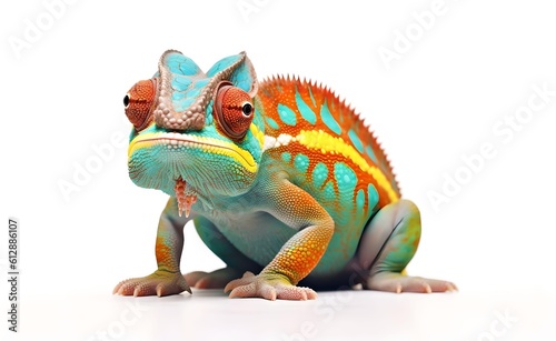 Smiling cheerful chameleon on a white background. Generative AI.