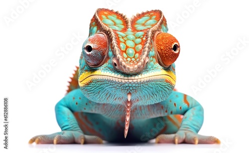 Smiling cheerful chameleon on a white background. Generative AI.