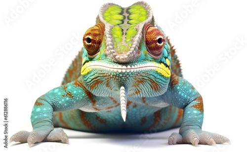 Smiling cheerful chameleon on a white background. Generative AI. © Curioso.Photography