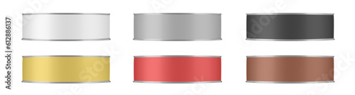 Set of tin cans for sardines, anchovies, sprats or tuna preserves. White, gray, black, gold, red and brown labels. Canned food mockup