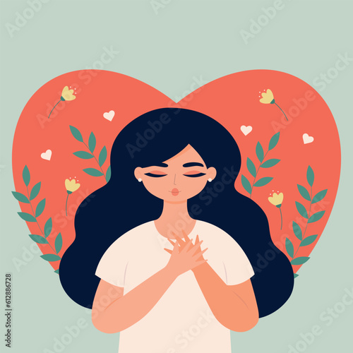 Self care concept. Happy young woman hugging herself. 	
Love yourself. Take time for your self. Cartoon flat vector illustration