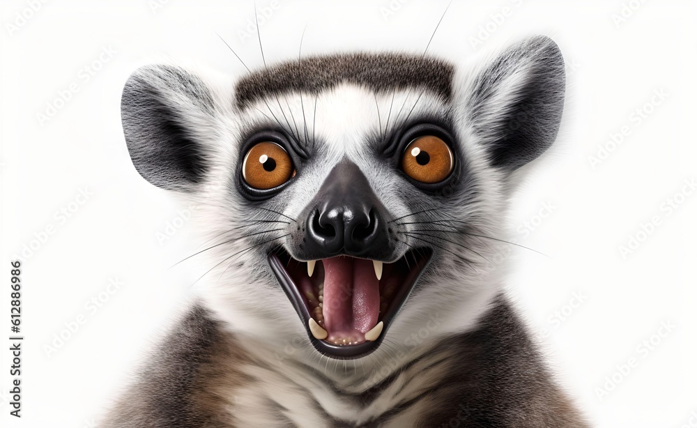 Fototapeta premium Smiling cheerful ring-tailed lemur on a white background. Generative AI.