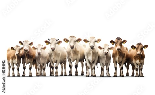 Group of cows on a white background. Generative AI.