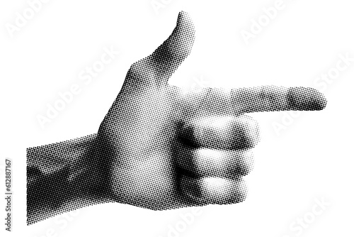 pointing gesture of the index finger hand with thumb right sign isolated halftone black white dots texture pop art style collage element for mixed media concept design