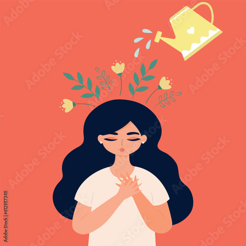 Mental health concept. Young woman head with flowers inside
Positive thinking, self care, positive emotions and feelings. Happy woman. Cartoon flat vector illustration