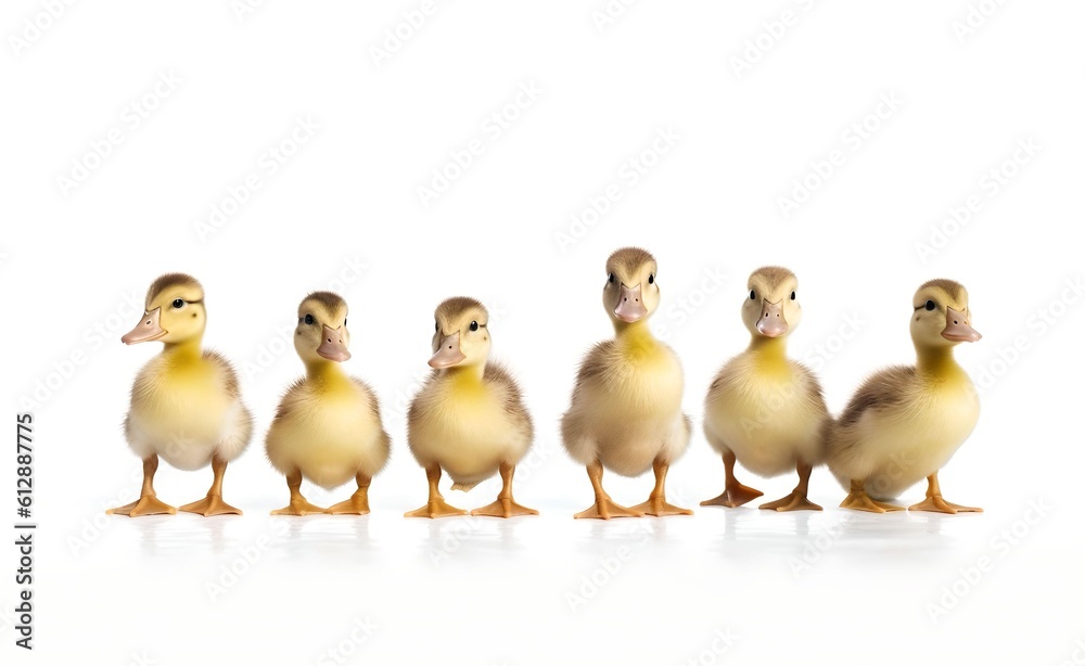 Group of little duck on a white background. Generative AI.