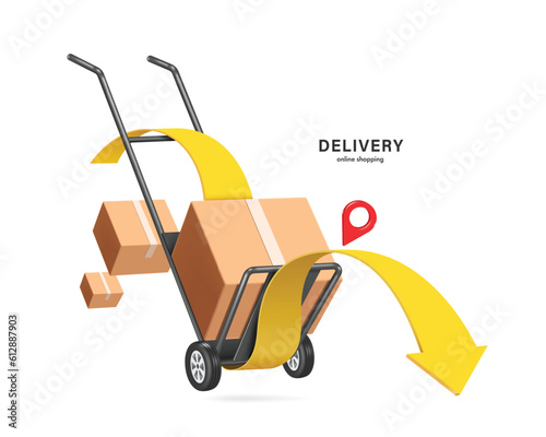 Parcel boxes or cardboard boxes are placed on cart used in warehouses and is following yellow arrow pin with red pin to deliver the goods to customer