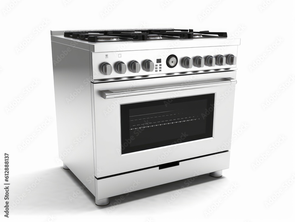 a modern gas stove on white background. image used for an ad. Generative AI a modern gas stove on white background. image used for an ad. Generative AI