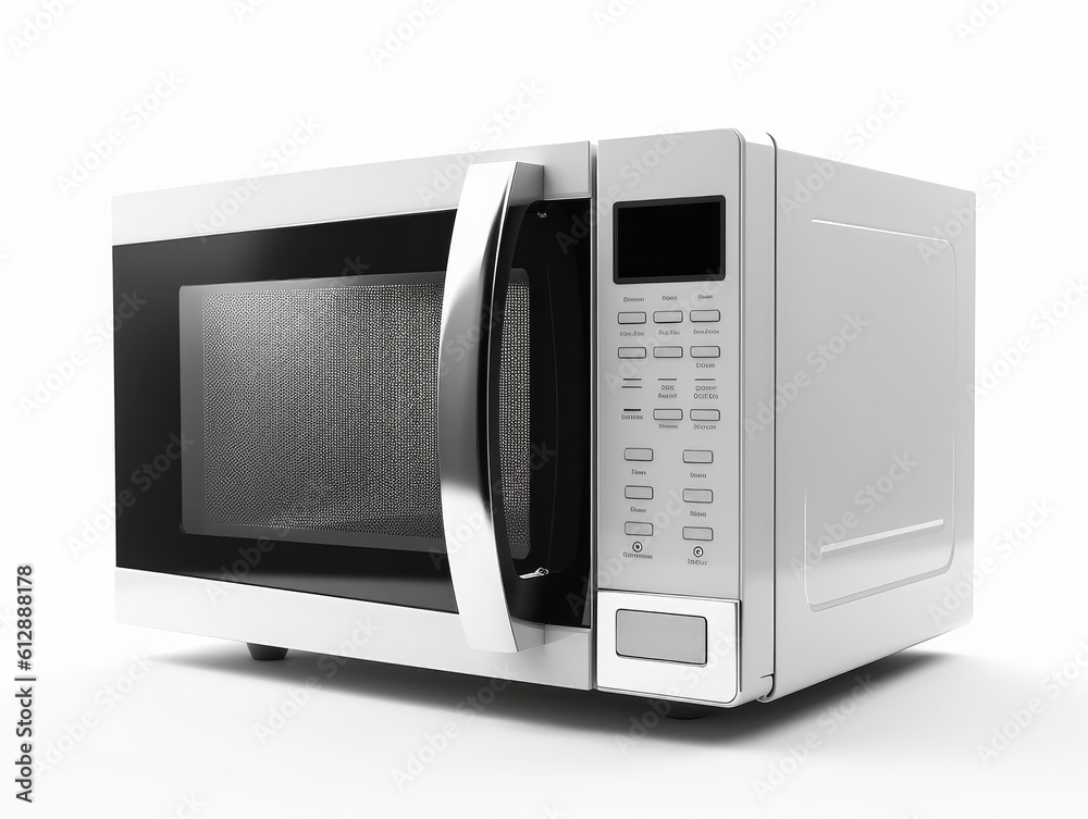 a modern white and black microwave on white background. image used for an ad. Generative AI a modern white and black microwave on white background. image used for an ad. Generative AI