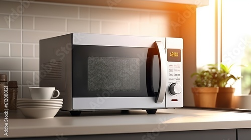 a modern white and black microwave in a house kitchen on the kitchen table. image used for an ad. Generative AI photo