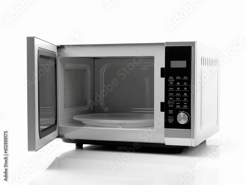 a modern white and black microwave with the door open on white background. image used for an ad.  Generative AI