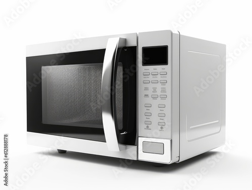 a modern white and black microwave on white background. image used for an ad. Generative AI