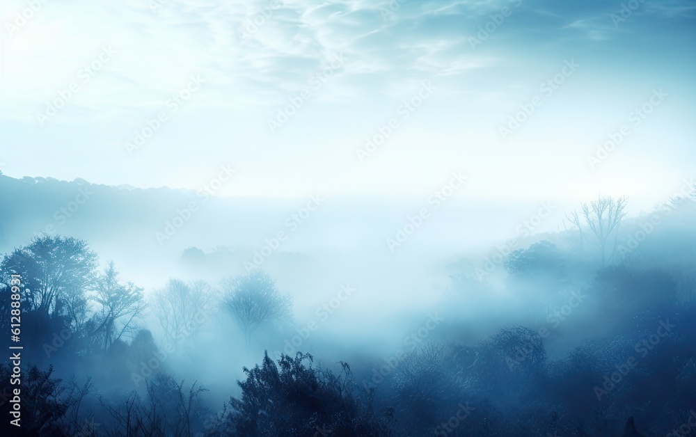 Mystic foggy landscape with trees, mountain and valley view generative ai Mystic foggy landscape with trees, mountain and valley view generative ai