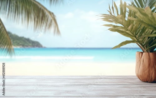 Empty wooden table for product display with blurred exotic tropical seaside background with sea, palm trees and white sand generative ai