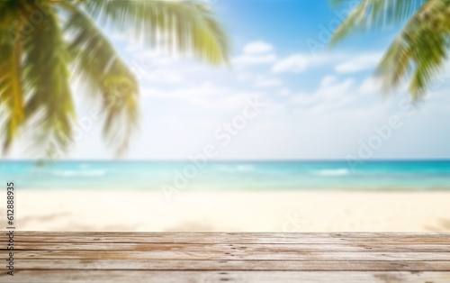 Empty wooden table for product display with blurred exotic tropical seaside background with sea  palm trees and white sand generative ai