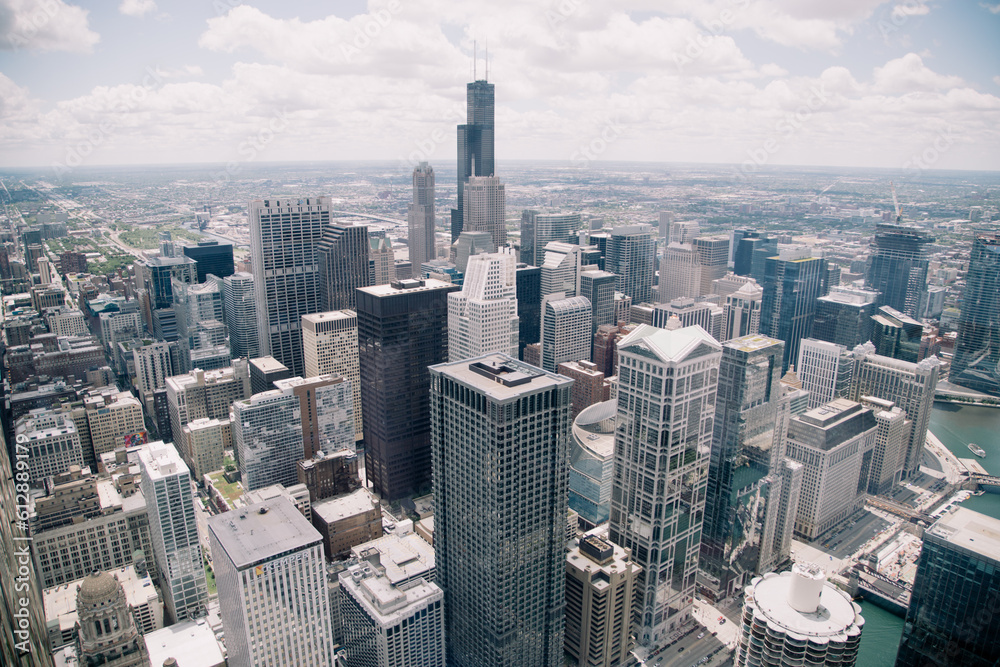 A cityscape with high-rises in Chicago on a bright day