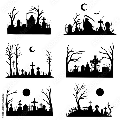Gloom and Doom - Set of 6 Graveyard Scene Black Vector Silhouettes for Halloween Design