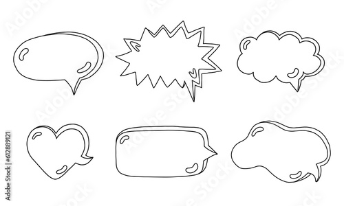 Hand drawn speech bubbles set. Empty online chat clouds in the different shapes. Oval, round, square, cloud, heart shaped bubbles for text, talk phrases, information. Doodles isolated on background
