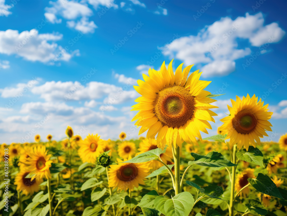 Sunflower field over cloudy blue sky background summer landscape