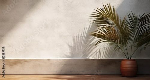 Gray cement wall and floor  palm tree in vase in a sunlight  shadow  sunrays effect from window  for luxury interior design decoration  product display background  Generative ai