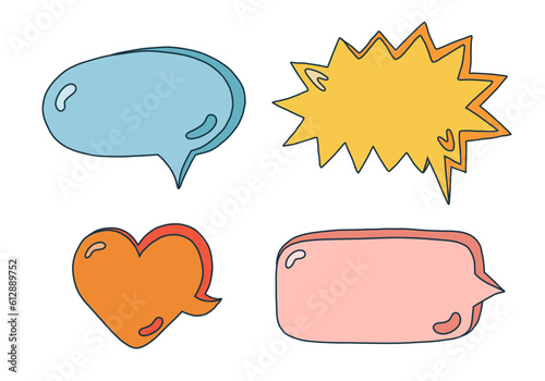 Hand drawn speech bubbles set. Empty online chat clouds in the different shapes. Oval, round, square, cloud, heart shaped bubbles for text, talk phrases, information. Colorful isolated doodles