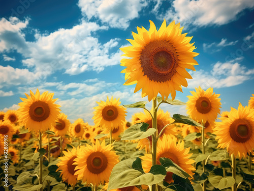 Sunflower field over cloudy blue sky background summer landscape