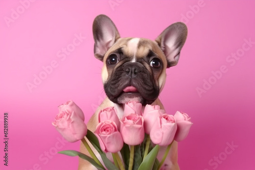 French bulldog puppy with a bouquet of pink tulips on a pink background with Generative AI. © kiimoshi