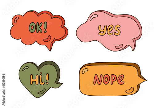 Trendy speech bubbles set with hand drawn talk phrases in different shapes. Online chat clouds with dialog words Oh, Yes, Hi, Yep. Oval, round, square, cloud, heart shaped bubbles. Colorful doodles