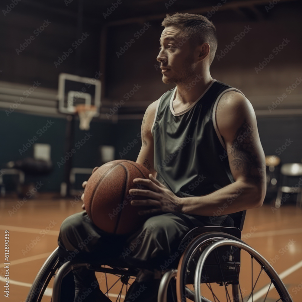 Man in a wheelchair playing basketball, Generative AI Man in a wheelchair playing basketball, Generative AI