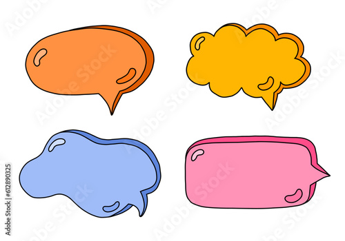 Hand drawn speech bubbles set. Empty online chat clouds in the different shapes. Oval, round, square, cloud, heart shaped bubbles for text, talk phrases, information. Colorful isolated doodles