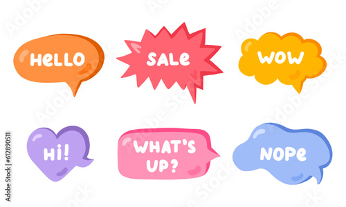 Trendy speech bubbles set with hand drawn talk phrases in the different shapes. Online chat clouds with dialog words Hello, What s up, Sale, Wow, Hi, Nope. Oval, square, cloud, heart shaped bubbles