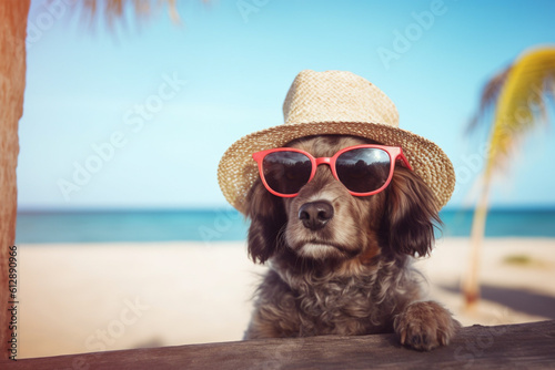 unny black dog with summer straw hat and sun glasses. Generative AI illustration © Firn