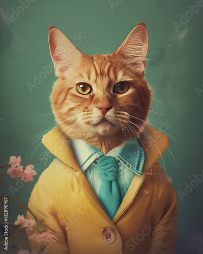 Spring cat illustration, full of flowers on the background, cat portrait © Moon