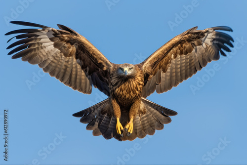 Front view of an eagle in flight has wings outstretched against a blue sky
