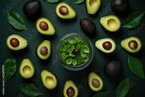 Top view of ripe sliced avocado halves in a glass round bowl on a dark green surface background. Symmetrical avocado wallpaper for a health food and fresh vegetable store. Generative AI 