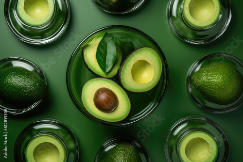 Top view of ripe sliced avocado halves in a glass round bowl on a green surface background. Symmetrical avocado wallpaper for a healthy food and fresh vegetable store. Generative AI 
