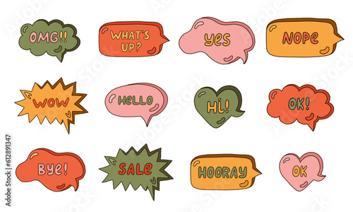 Trendy speech bubbles set with hand drawn talk phrases in the different shapes. Online chat clouds with Ok, Yes, Yep, Hello, What s up, Sale, Wow, OMG, Bye and other dialog words. Colorful doodles