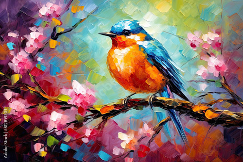 Blue Orange Bird Sitting on Spring Branch Acrylic Painting. AI generative. Canvas Texture, Brush Strokes.