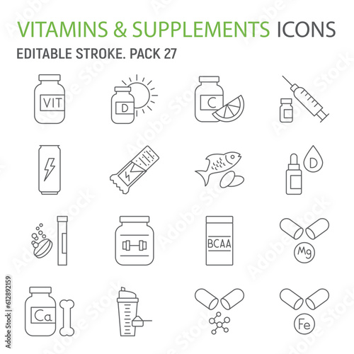 Vitamins and supplements line icon set, health collection, sports supplements vector graphics, logo illustrations, minerals vector icons, nutritional supplements signs, outline pictograms