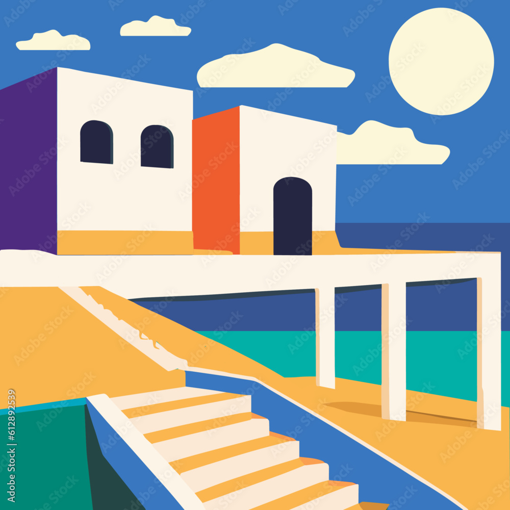 illustration of houses in front of the beaches geometric Bauhaus illustration, stylish vector art, gradients, vibrant colors, Collage