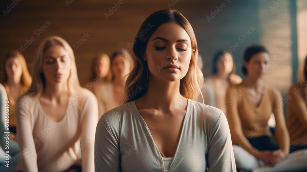 Woman with eyes closed sitting in meditation class wearing long sleeve white shirt. Generative AI