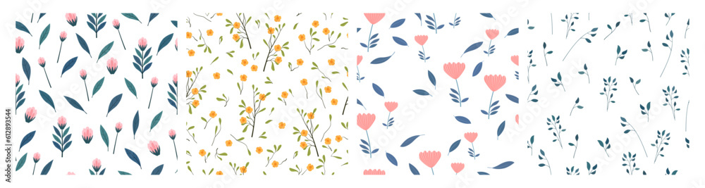 set of floral seamless patterns. hand drawn flowers, leaves and branches