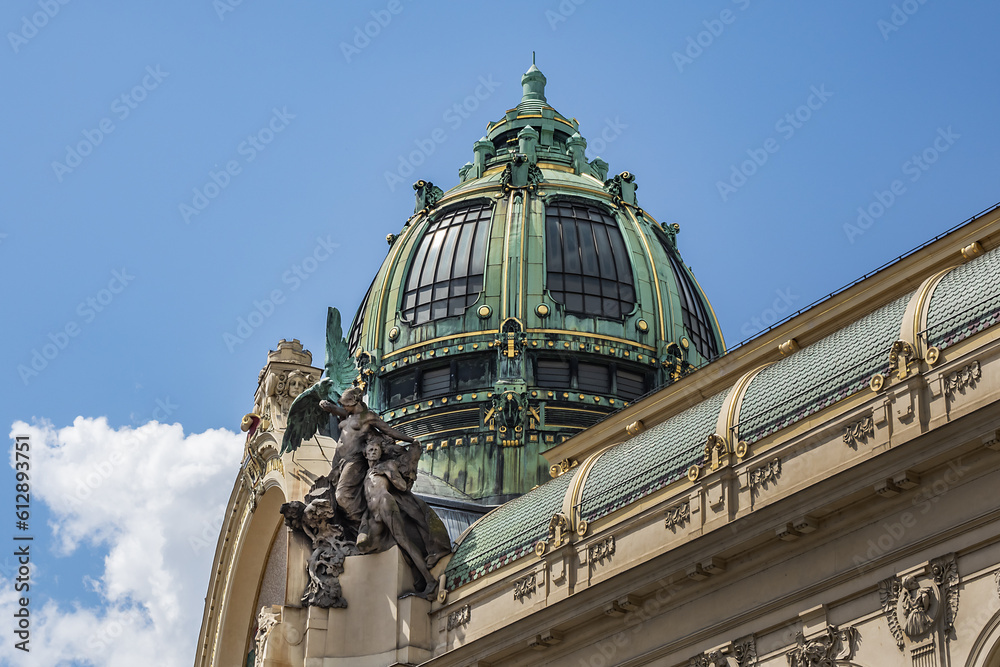 Architectural fragments of art nouveau style Municipal House (Obecni dum), major landmark and concert hall in Prague, Czech Republic.