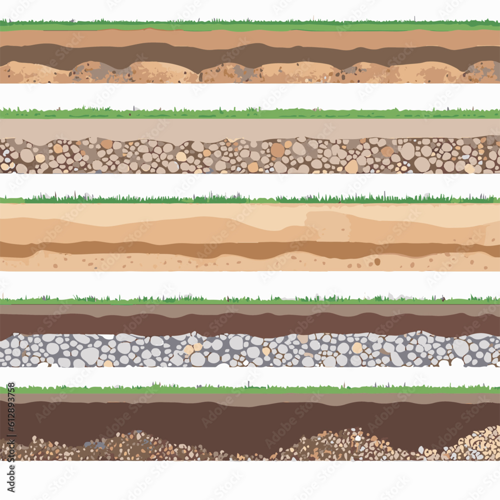 Seamless ground cross sections,layers under earth underground textures set. vector illustrations