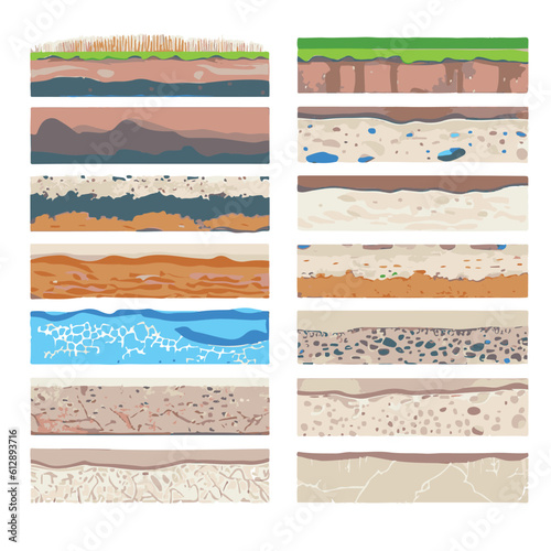 Seamless ground cross sections,layers under earth underground textures set. vector illustrations